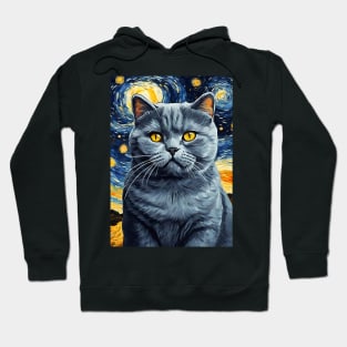 British Shorthair Cat Breed Painting in a Van Gogh Starry Night Art Style Hoodie